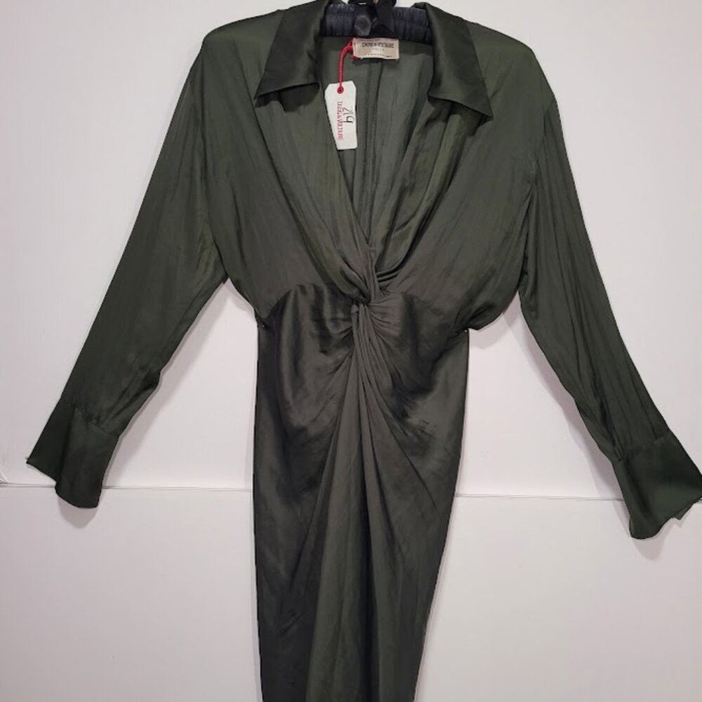 NWT Zadig & Voltaire Gathered Long Sleeve Satin Dress - Khaki L - Picture 2 of 13